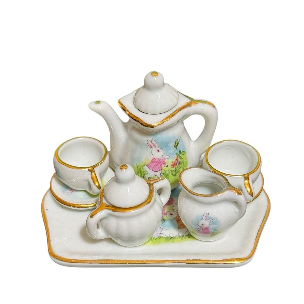 Miniature Tea Set China 8 Pieces Rabbit Easter Spring Flowers